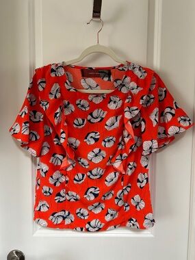 Orange Flutter Sleeve Blouse with White-and-Navy Poppy Print